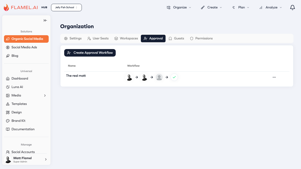 Approval workflows showing workflow name and approver chain