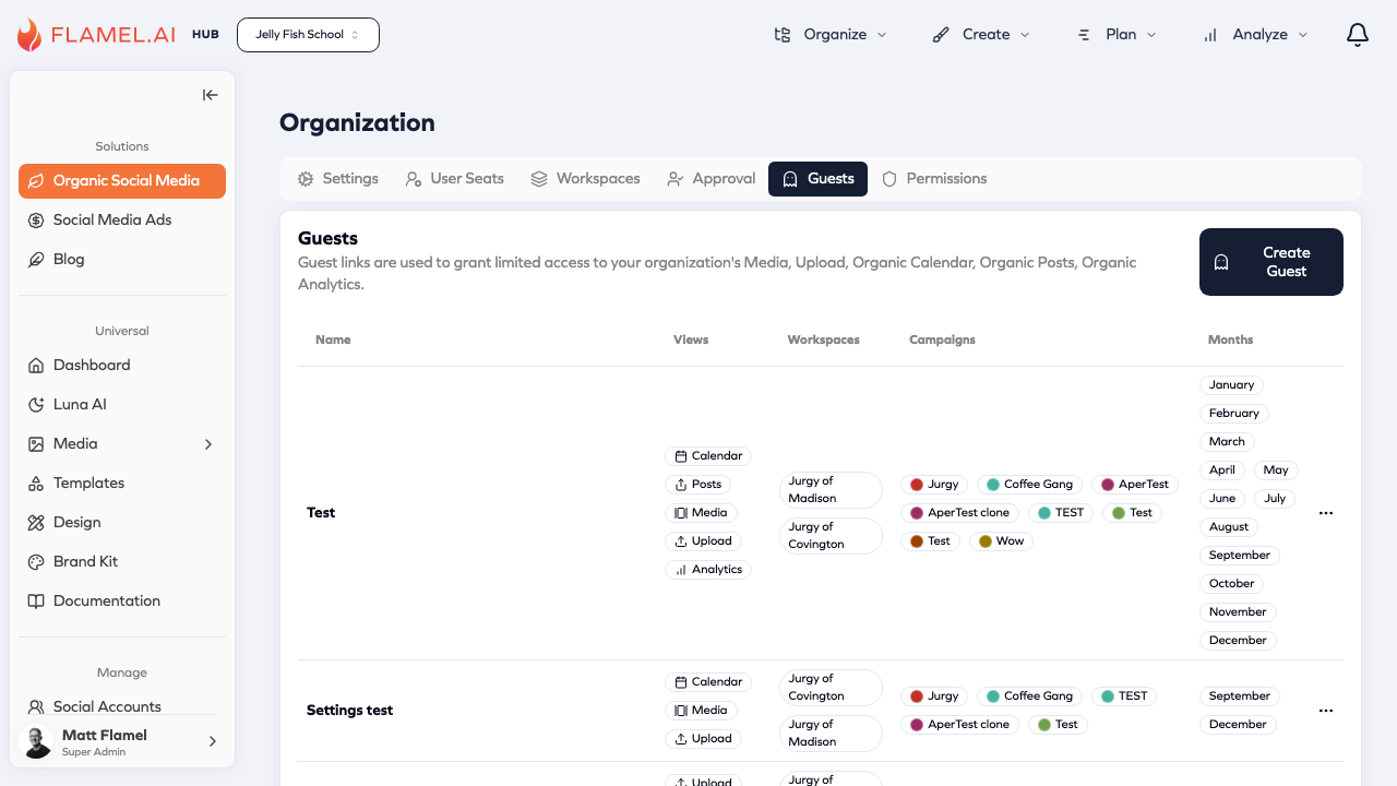 Guest access showing configured guest links with views and workspace access