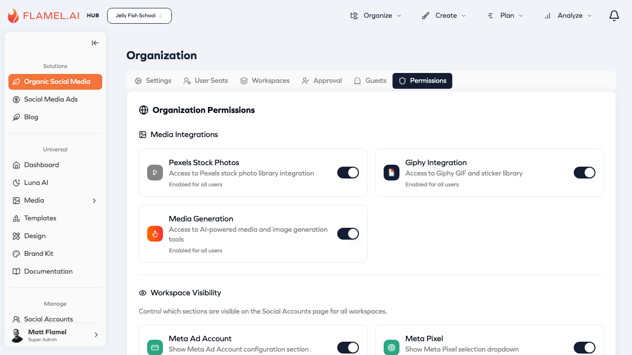 Organization Permissions showing media integrations and workspace visibility toggles