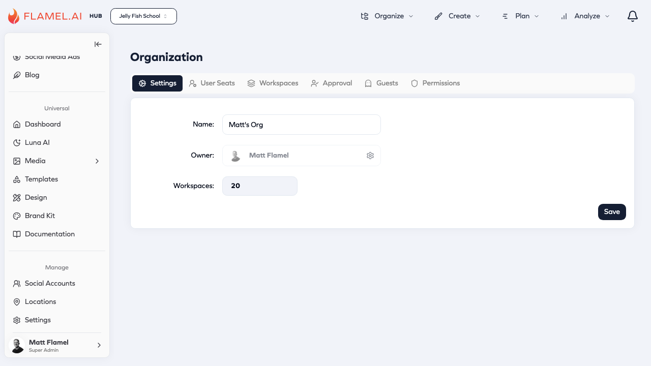 Organization Settings showing name, owner, and workspace count