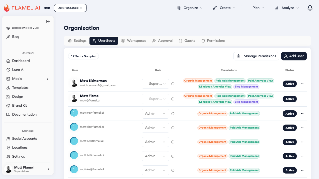 User Seats management showing users, roles, and permissions