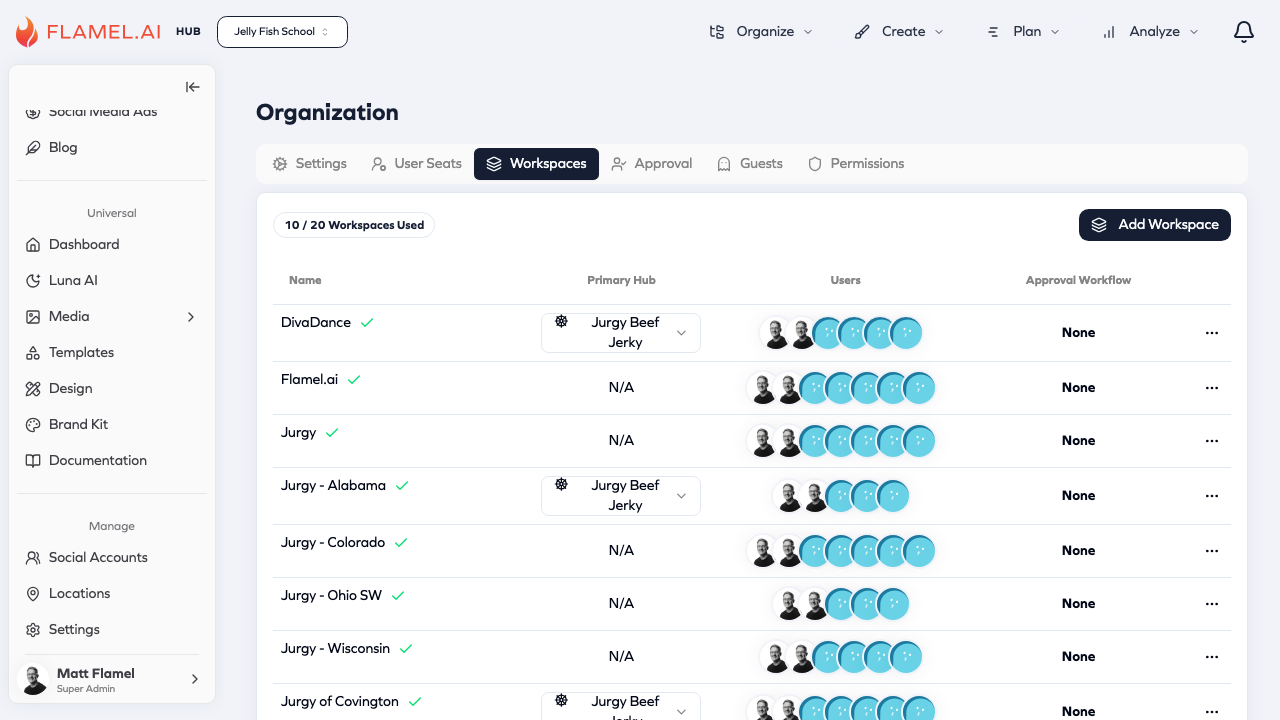 Workspaces list showing name, hub, users, and approval workflow