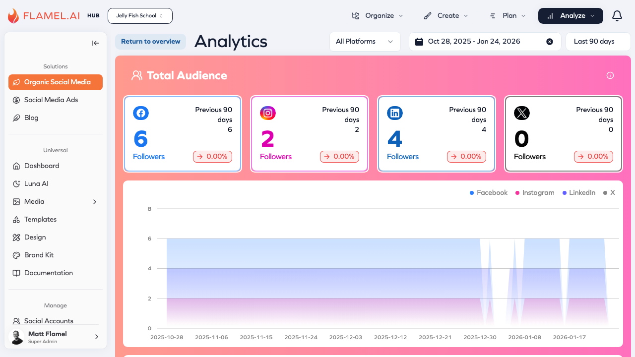 Total Audience analytics showing follower counts by platform