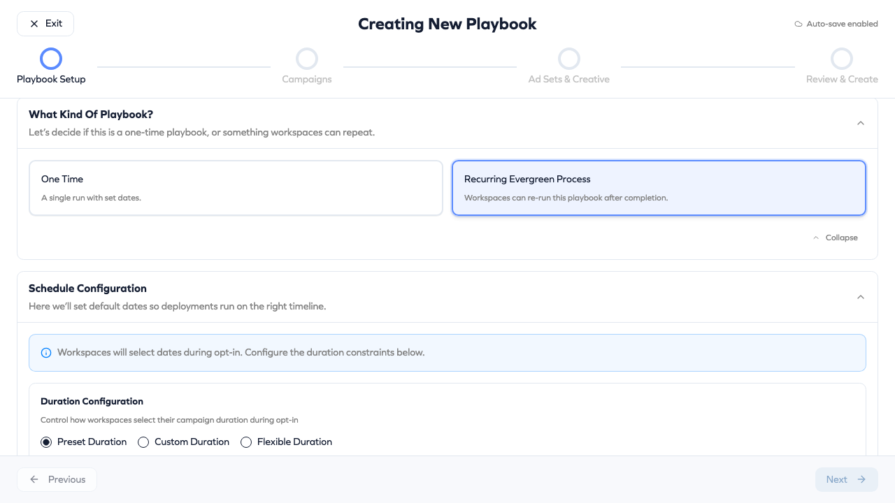 Playbooks management page showing evergreen playbook options
